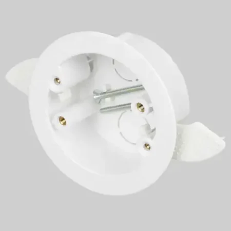 Marshall Tufflex MDCRB2WH circular dry lining box with wide securing flange and 2 knockouts, designed for stud wall installation – available at Your Electrics.
