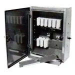 Front view of Ryefield TP7AHS/100 7-way three-phase distribution board with 100A fuses